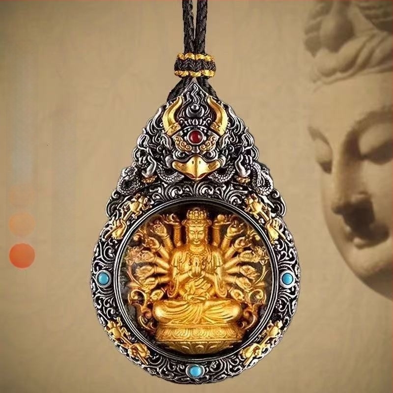 Tibeti aranyozott medálos nyaklánc nyolc védőistennel és a Gazdagság Istennel – Ksitigarbha, Samantabhadra és Manjushri – férfi kreatív ékszer