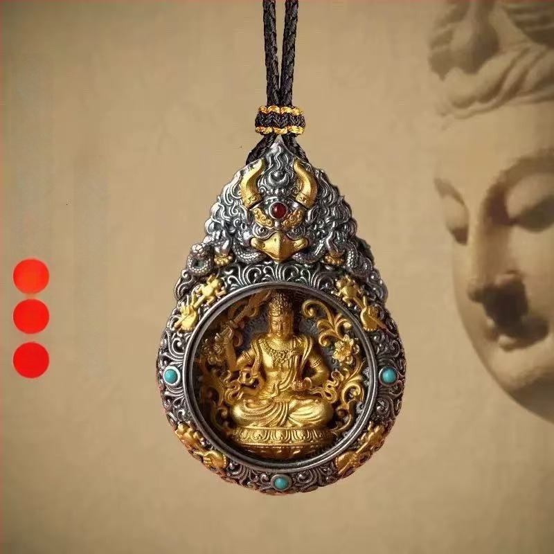 Tibeti aranyozott medálos nyaklánc nyolc védőistennel és a Gazdagság Istennel – Ksitigarbha, Samantabhadra és Manjushri – férfi kreatív ékszer
