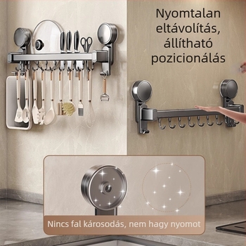 Sztívó korongos konyhai tároló állvány fúrás nélkül, akasztókkal és lógó rúddal, kés tartó, fedőlap tartó és kanál tároló; anyag: Space alumínium, anodizált felület, grafit szín, teherbírás 10–15 kg