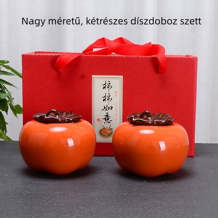 Shishi Ruyi porcelán teáskaniszter, zárható persimmon tea tároló, nagyon nagy ajándékdoboz