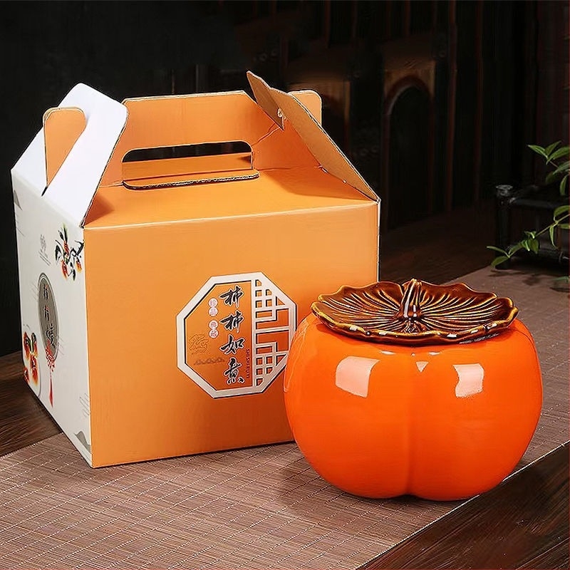 Shishi Ruyi porcelán teáskaniszter, zárható persimmon tea tároló, nagyon nagy ajándékdoboz