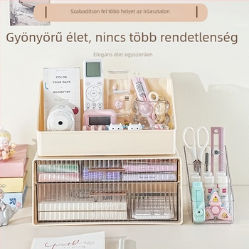 Asztali tárolódoboz fedővel, krém színű kivitel, porálló, fiókos, nagy kapacitású