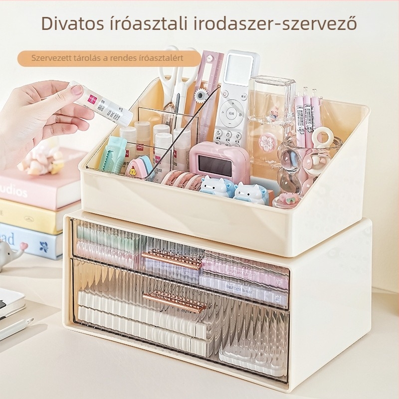 Asztali tárolódoboz fedővel, krém színű kivitel, porálló, fiókos, nagy kapacitású