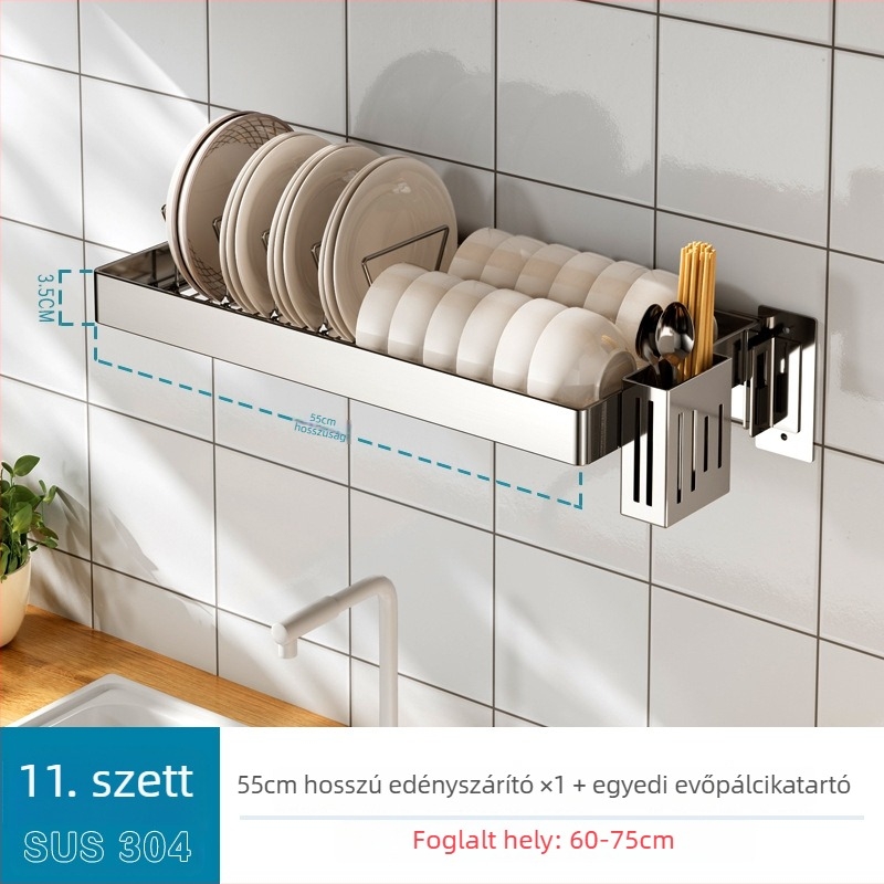 Fúrás nélkül – falra szerelhető konyhai tároló polc edények és fazekak számára, mosogatóhoz, 304 rozsdamentes acélból, lecsöpöztető polc
