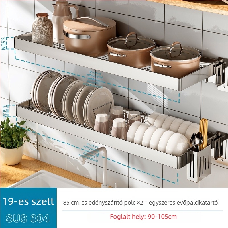 Fúrás nélkül – falra szerelhető konyhai tároló polc edények és fazekak számára, mosogatóhoz, 304 rozsdamentes acélból, lecsöpöztető polc