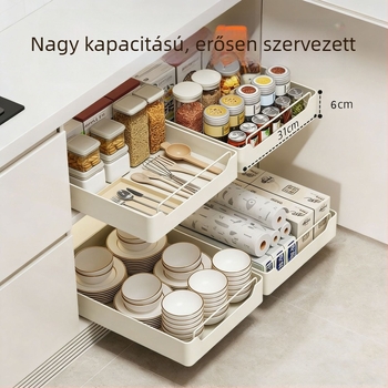 Konyhai tároló polc behúzható sínnel, edények és fűszerek számára, fúrás nélkül