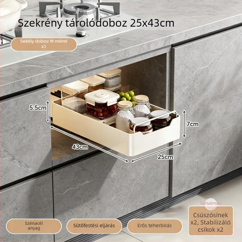 Konyhai tároló polc behúzható sínnel, edények és fűszerek számára, fúrás nélkül