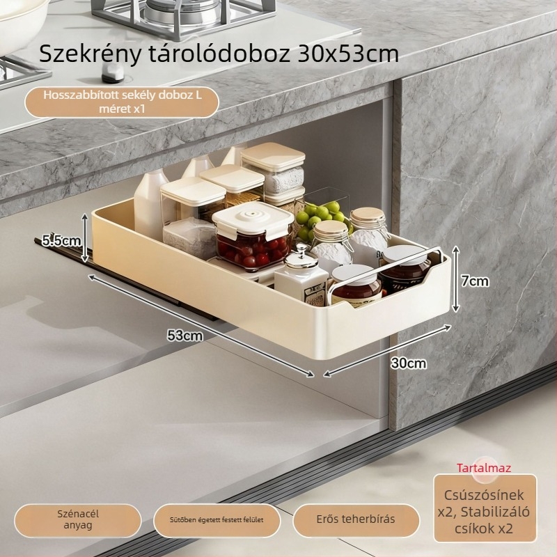 Konyhai tároló polc behúzható sínnel, edények és fűszerek számára, fúrás nélkül