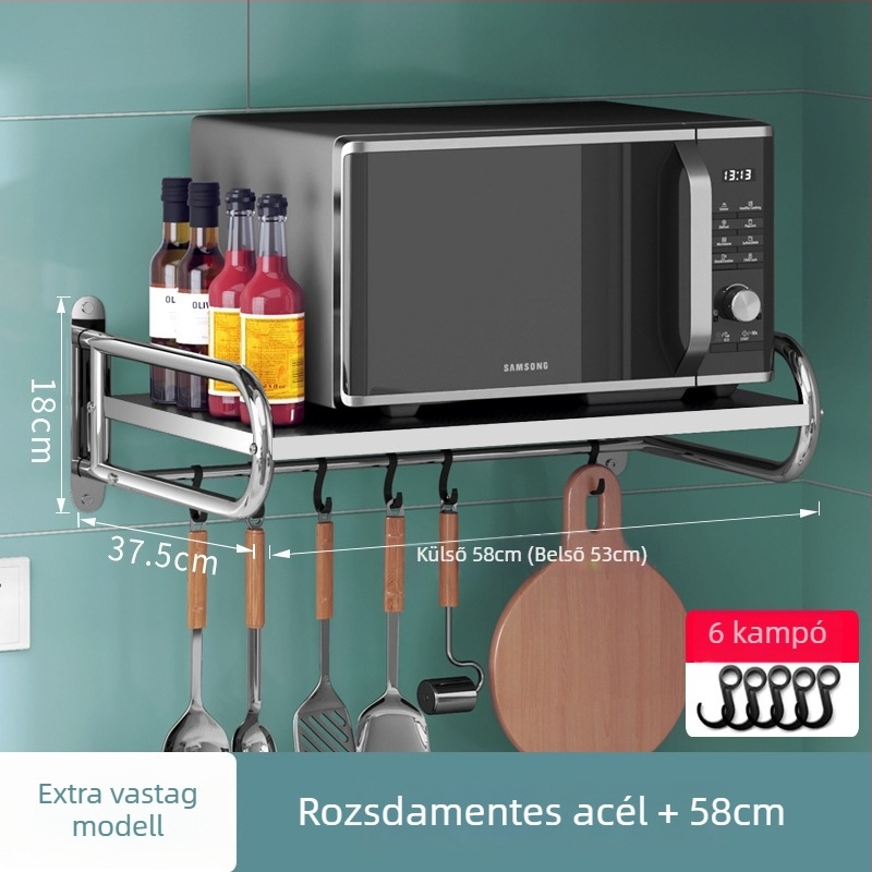 Rozsdamentes acélból készült falra szerelhető mikró állvány és konyhai tárolópolc