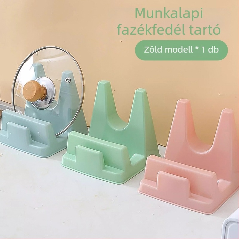 Munkalapra helyezhető konyhai polc fedőtartóval, spatulátartóval, szárítóval és vágódeszka-tartóval