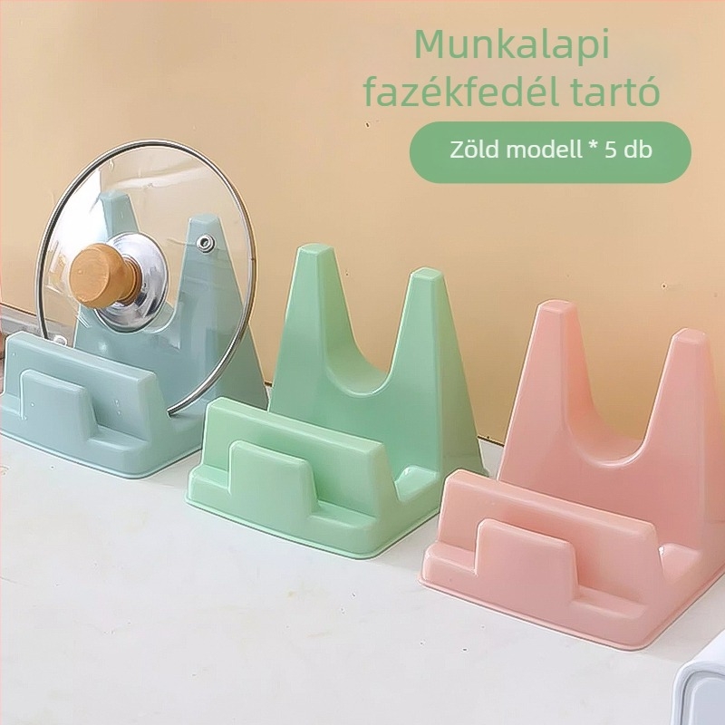 Munkalapra helyezhető konyhai polc fedőtartóval, spatulátartóval, szárítóval és vágódeszka-tartóval