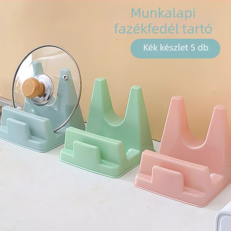 Munkalapra helyezhető konyhai polc fedőtartóval, spatulátartóval, szárítóval és vágódeszka-tartóval