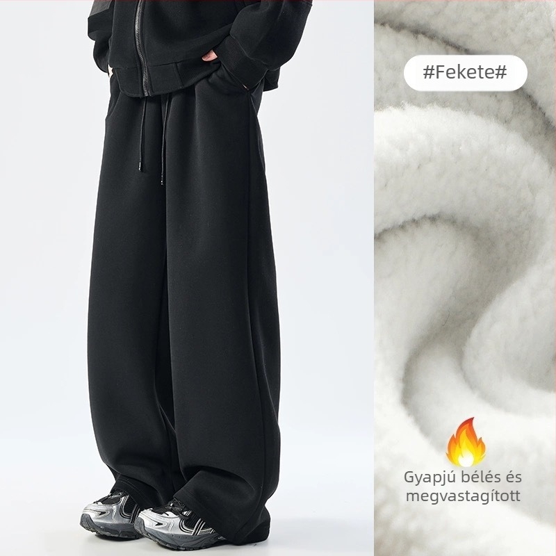 Férfiaknak 400 g nehéz fleece-béléssel bélelt egyenes szárú sportnadrág, őszi–téli, amerikai stílusú, laza mindennapi viselet