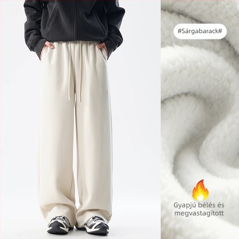 Férfiaknak 400 g nehéz fleece-béléssel bélelt egyenes szárú sportnadrág, őszi–téli, amerikai stílusú, laza mindennapi viselet