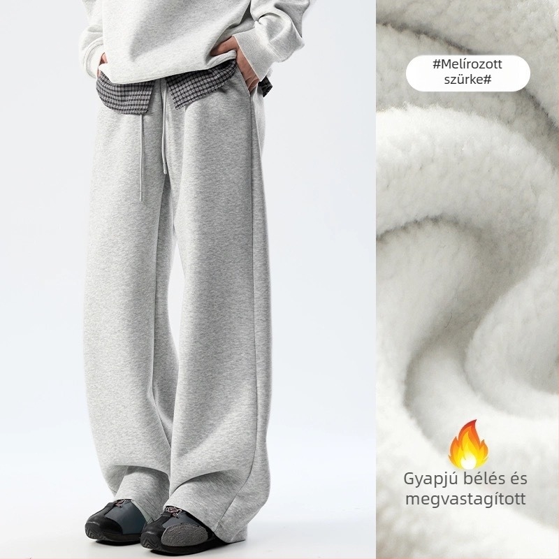 Férfiaknak 400 g nehéz fleece-béléssel bélelt egyenes szárú sportnadrág, őszi–téli, amerikai stílusú, laza mindennapi viselet