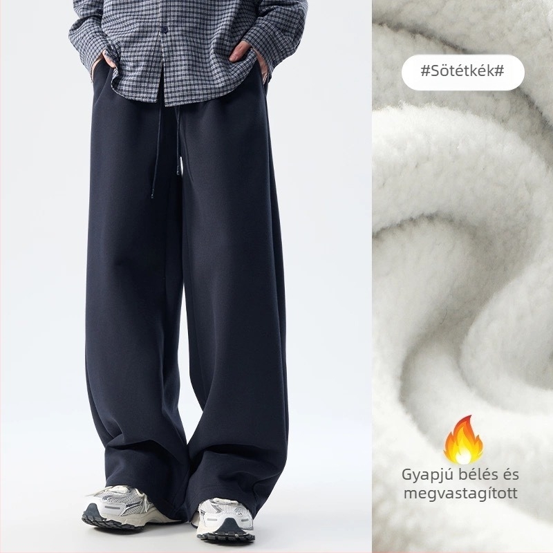 Férfiaknak 400 g nehéz fleece-béléssel bélelt egyenes szárú sportnadrág, őszi–téli, amerikai stílusú, laza mindennapi viselet