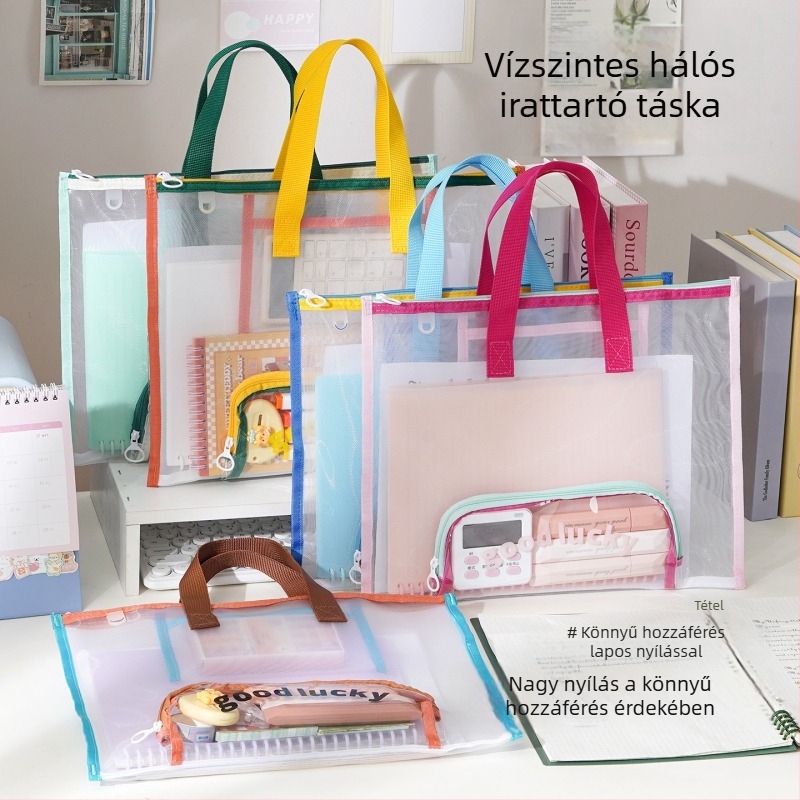 Több rekeszű átlátszó hálós tote táska diákok számára, sík, vízszintes kialakítás, zárható dokumentum- és művészeti táska