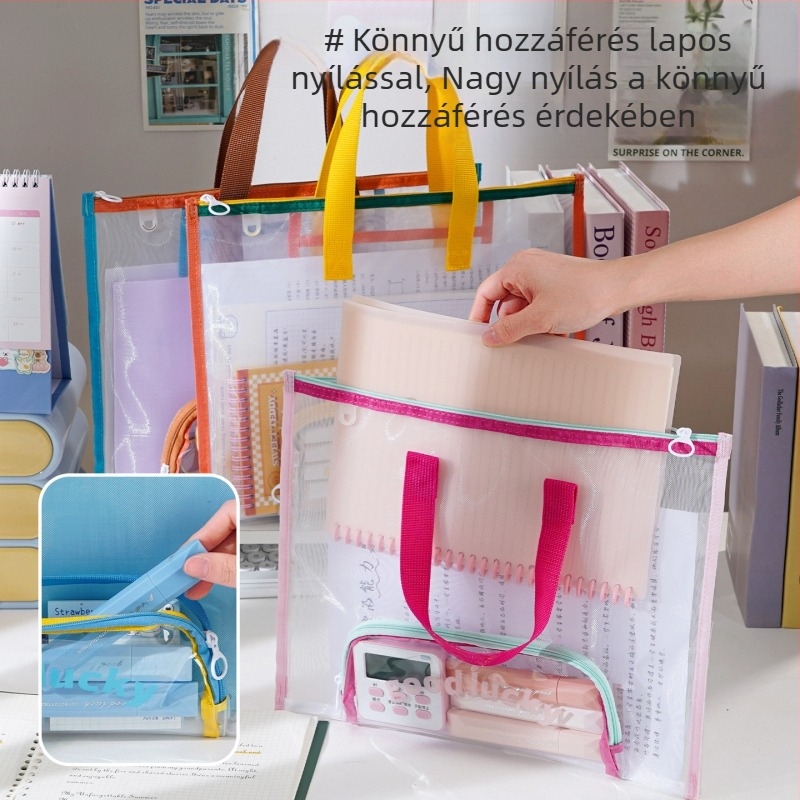 Több rekeszű átlátszó hálós tote táska diákok számára, sík, vízszintes kialakítás, zárható dokumentum- és művészeti táska