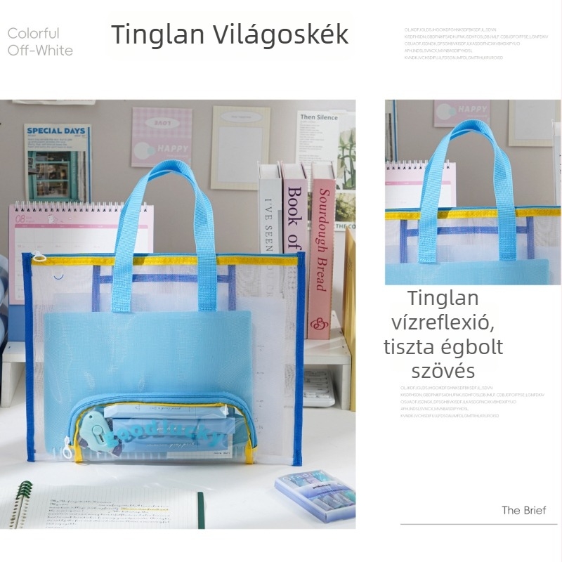 Több rekeszű átlátszó hálós tote táska diákok számára, sík, vízszintes kialakítás, zárható dokumentum- és művészeti táska