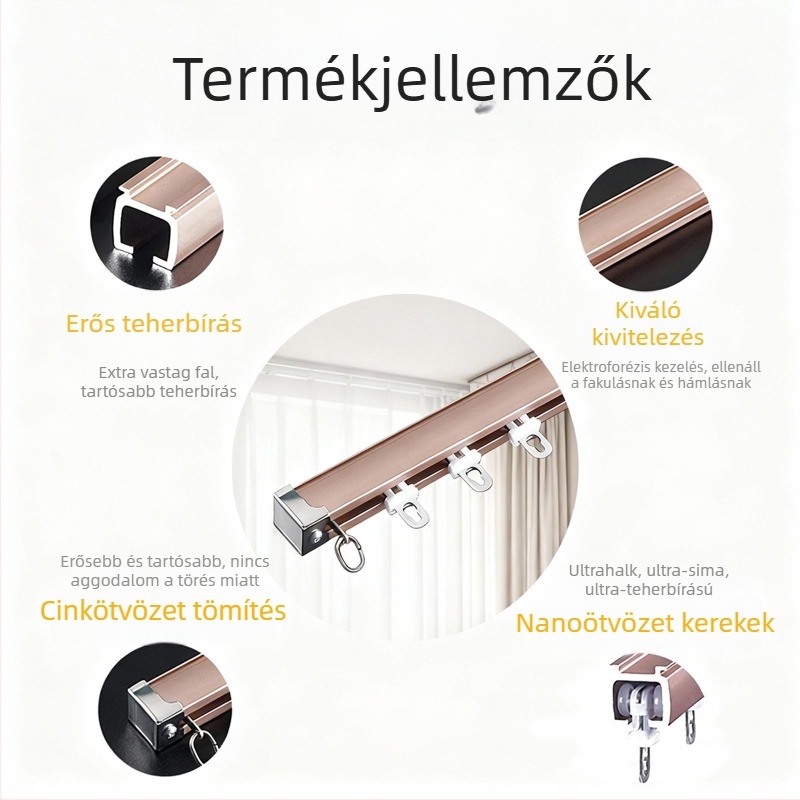 Alumínium ötvözet függöny sín, masszív egyenes sín, hangtalan csúszás, egysín és duplaszín, 2,0 mm vastagság