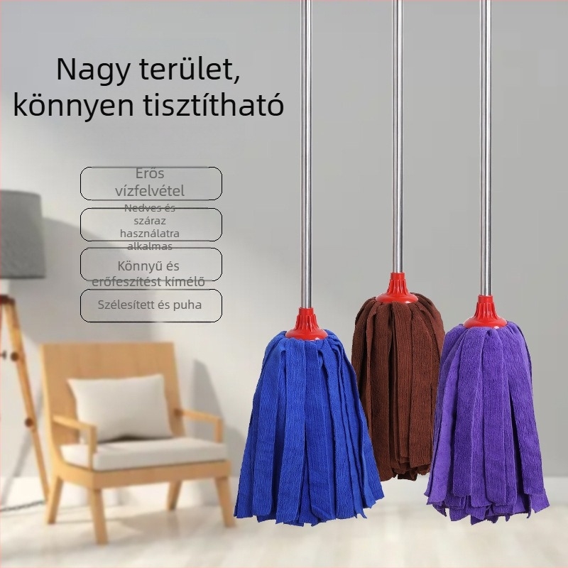 Régi stílusú háztartási mop rozsdamentes acél rúddal és törölköző anyagú kendővel a padlóra