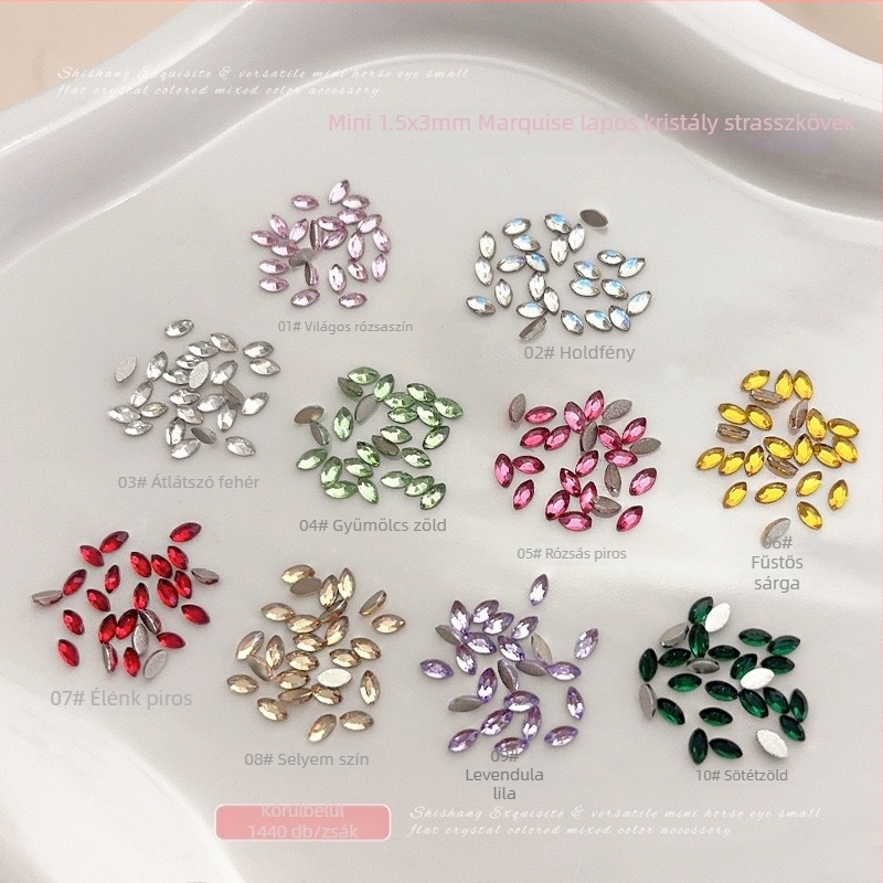1,5×3 mm-es mini marquise körömdísz kristályok – csillogó, lapos hátú, átlátszó fehér púder és pezsgő árnyalatok keveréke