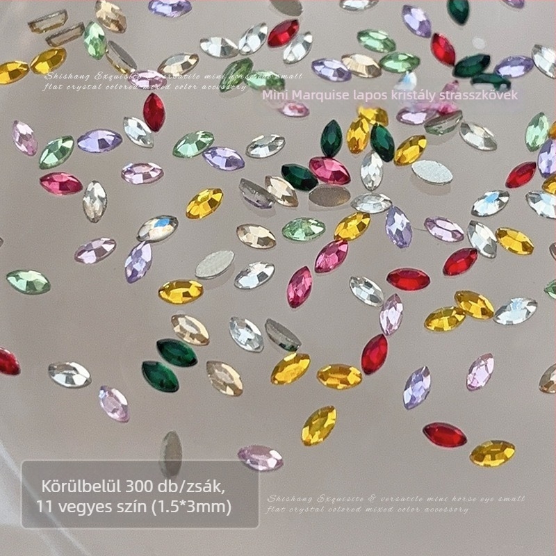 1,5×3 mm-es mini marquise körömdísz kristályok – csillogó, lapos hátú, átlátszó fehér púder és pezsgő árnyalatok keveréke