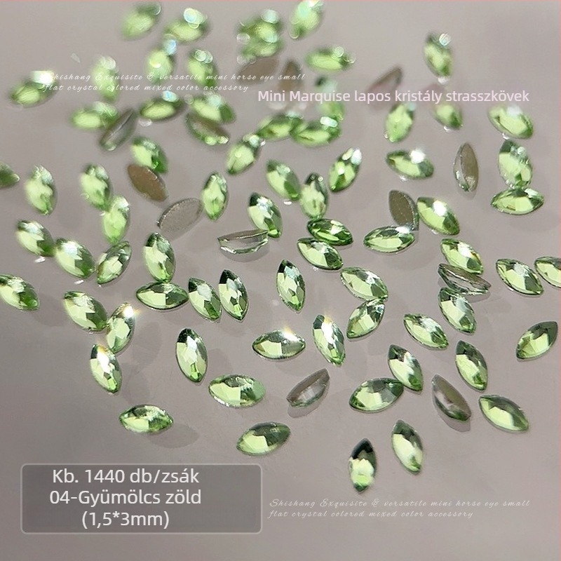 1,5×3 mm-es mini marquise körömdísz kristályok – csillogó, lapos hátú, átlátszó fehér púder és pezsgő árnyalatok keveréke