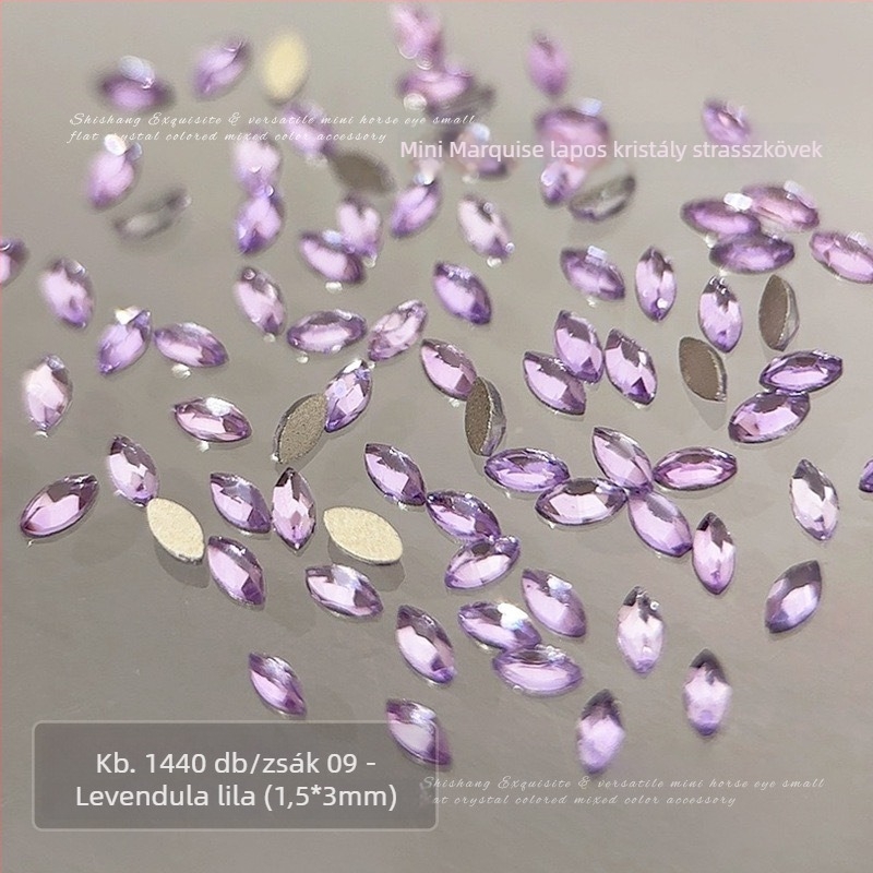 1,5×3 mm-es mini marquise körömdísz kristályok – csillogó, lapos hátú, átlátszó fehér púder és pezsgő árnyalatok keveréke