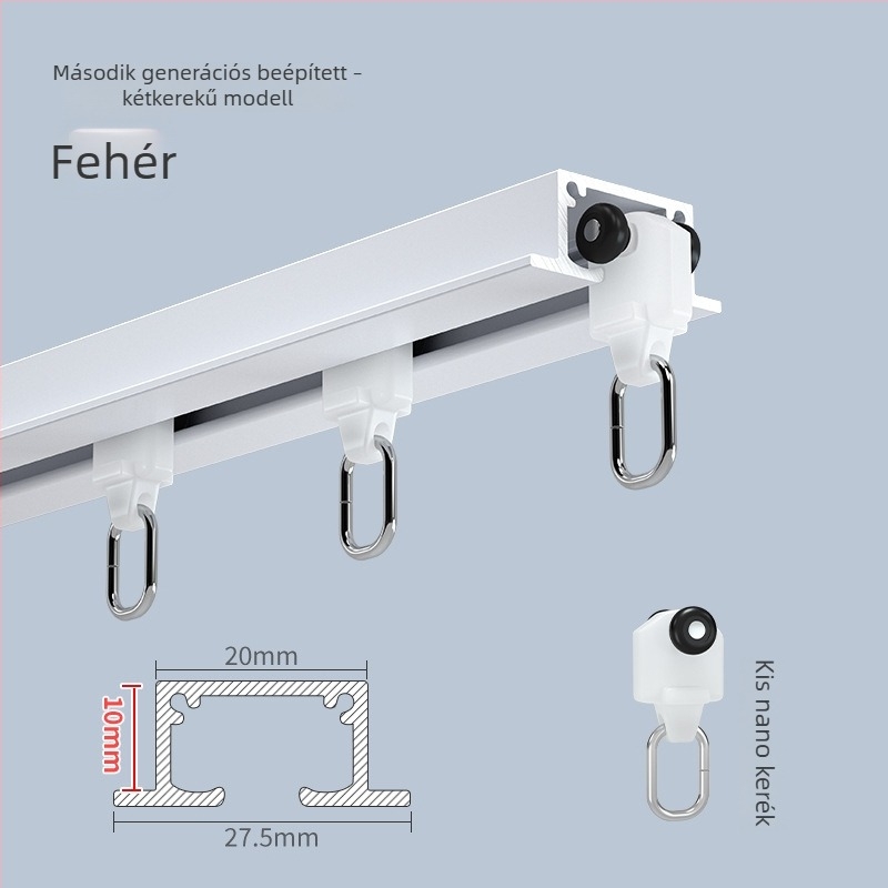 Beépített, láthatatlan függönycsatorna felső montázsú vezetősínnel, alumíniumötvözet, csendes működés, egy- és dupla függönyhúzásra