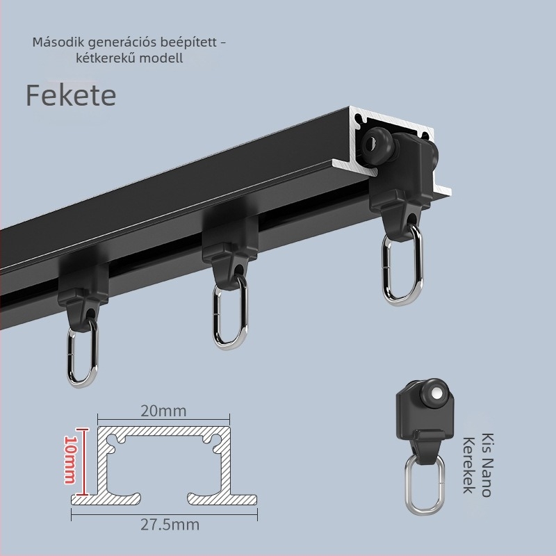 Beépített, láthatatlan függönycsatorna felső montázsú vezetősínnel, alumíniumötvözet, csendes működés, egy- és dupla függönyhúzásra