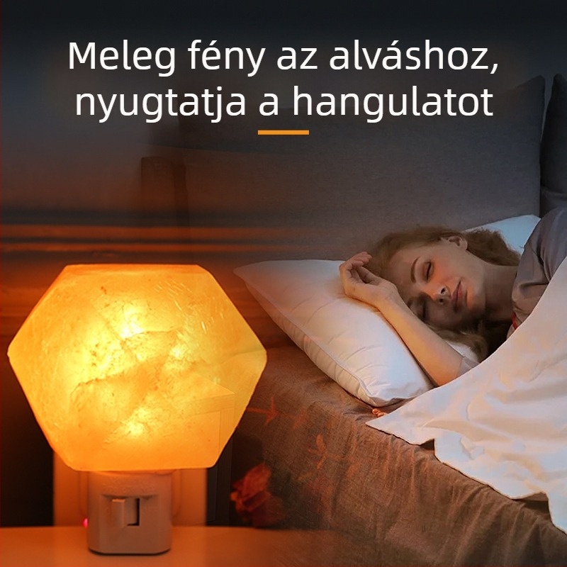 Himalája-só lámpa éjjeliszekrényhez – meleg fény, nem bántó, hálószoba és meditáció