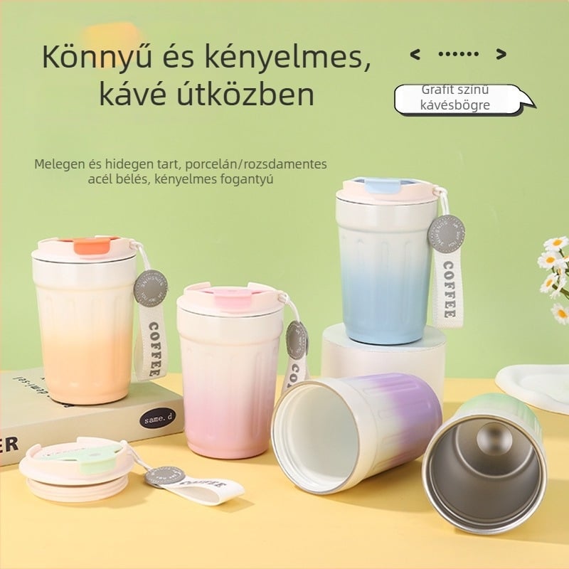 Gradiens színű kerámiabelsővel rendelkező nyolcszögletű termosz, 316 rozsdamentes acél belső, 201-es külső, pánttal, ajándék.