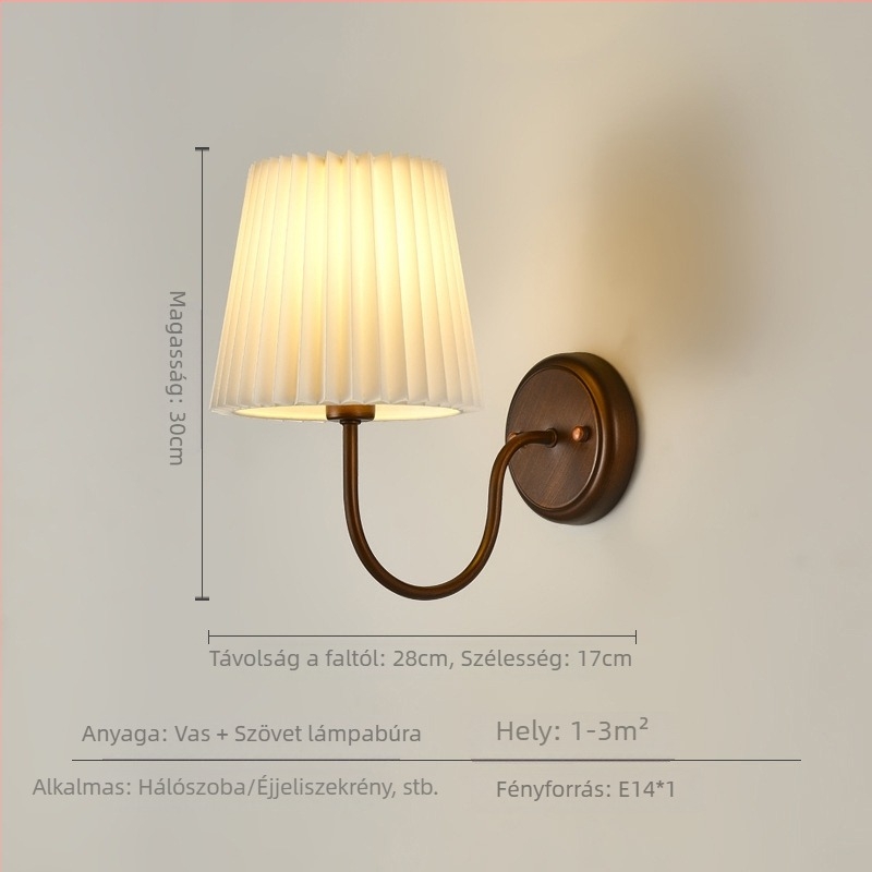 Vintage stílusú fali lámpa vasból készült testtel és textil árnyékolóval, egyfejű, hálószoba, folyosó vagy nappali számára