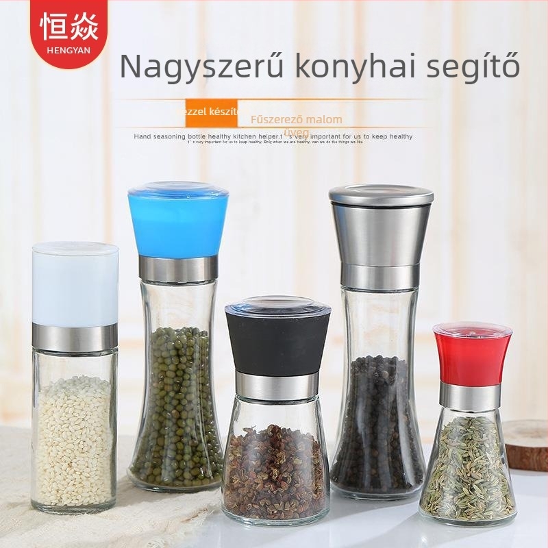 Kézi őrlő tengeri sóhoz és fekete borshoz, üvegből készült konyhai tároló