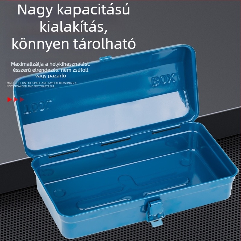 Fém szerszámtároló doboz, nagy méretű, megerősített, ipari minőségű tároló, többfunkciós háztartási és autójavítási használatra, rozsdamentes acél.