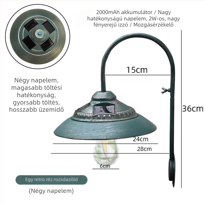 Kerti kovából készült függő falikar, retro stílusú, kültéri napelemes világítás kerthez és erkélyhez