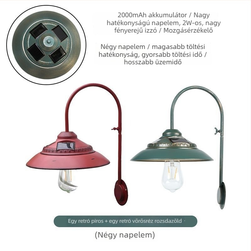 Kerti kovából készült függő falikar, retro stílusú, kültéri napelemes világítás kerthez és erkélyhez