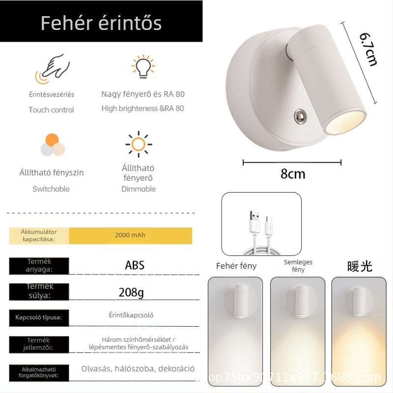 Tölthető falikar mágneses rögzítéssel, vezeték nélküli, éjjeliszekrényre, előszobába és hálószobába, állítható spot világítással, LED