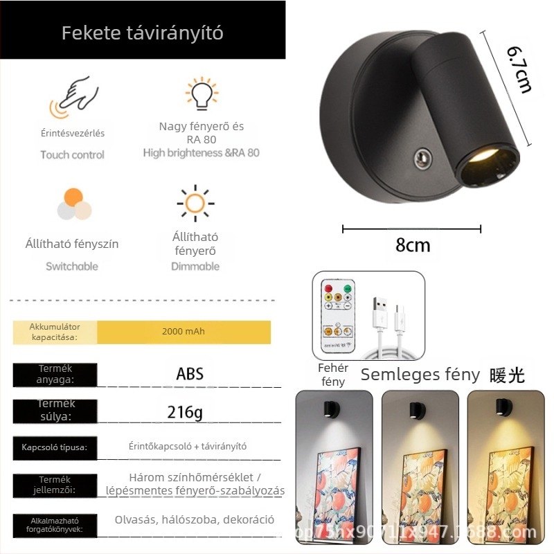 Tölthető falikar mágneses rögzítéssel, vezeték nélküli, éjjeliszekrényre, előszobába és hálószobába, állítható spot világítással, LED