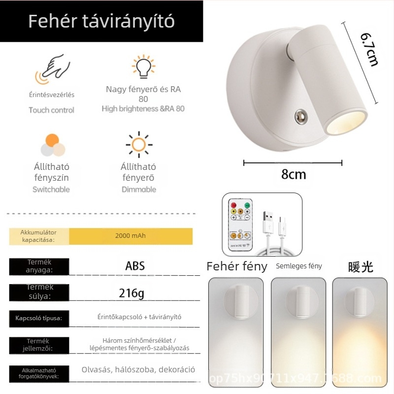 Tölthető falikar mágneses rögzítéssel, vezeték nélküli, éjjeliszekrényre, előszobába és hálószobába, állítható spot világítással, LED