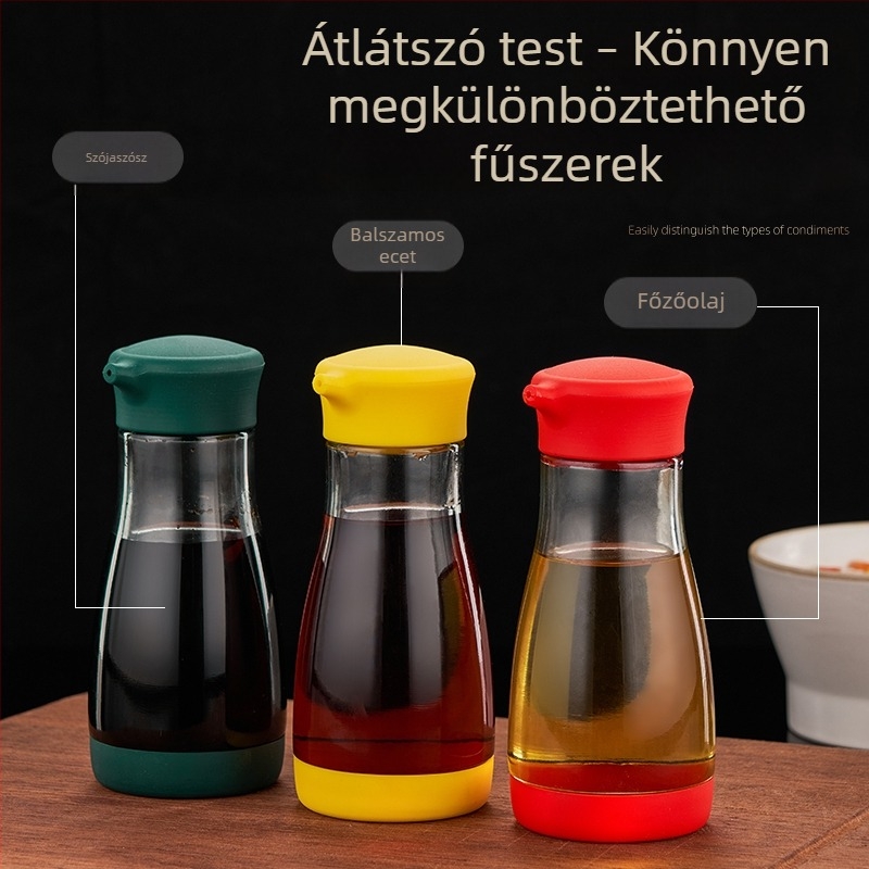 Üveg olajtartó adagolóval, szivárgásmentes, előre kimért adagolással – konyhai használatra (szójaszósz és ecet).