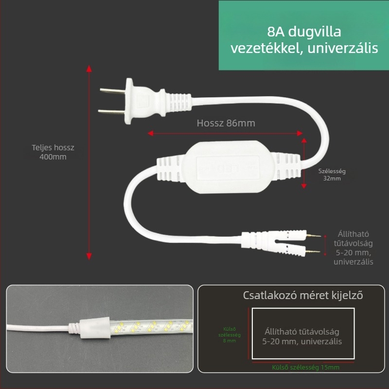 220V-os kétpin LED-szalag csatlakozó, nagy teljesítményű meghajtóval és egyenirányítóval, vezetékes csatlakozóval, 100 m