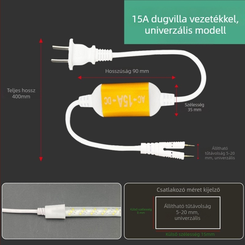 220V-os kétpin LED-szalag csatlakozó, nagy teljesítményű meghajtóval és egyenirányítóval, vezetékes csatlakozóval, 100 m