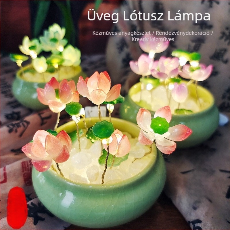 Üveg lótusz virág éjszakai fény, DIY lótusz lámpa kerámia alap