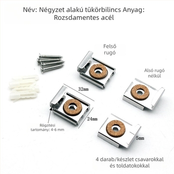 Fürdőszobai tükröklipsz és tartó, négyszögletes üvegtükrökhöz, fém szerelvény