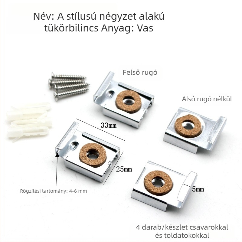 Fürdőszobai tükröklipsz és tartó, négyszögletes üvegtükrökhöz, fém szerelvény