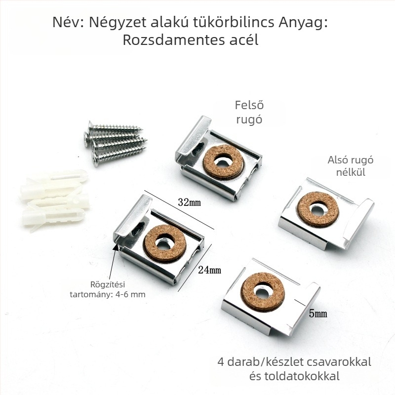 Fürdőszobai tükröklipsz és tartó, négyszögletes üvegtükrökhöz, fém szerelvény