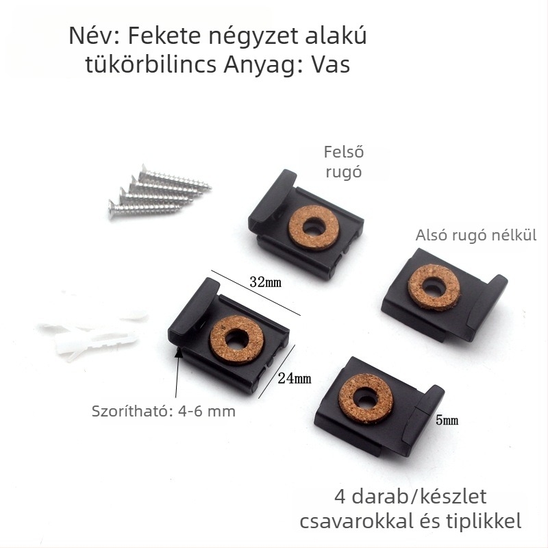 Fürdőszobai tükröklipsz és tartó, négyszögletes üvegtükrökhöz, fém szerelvény