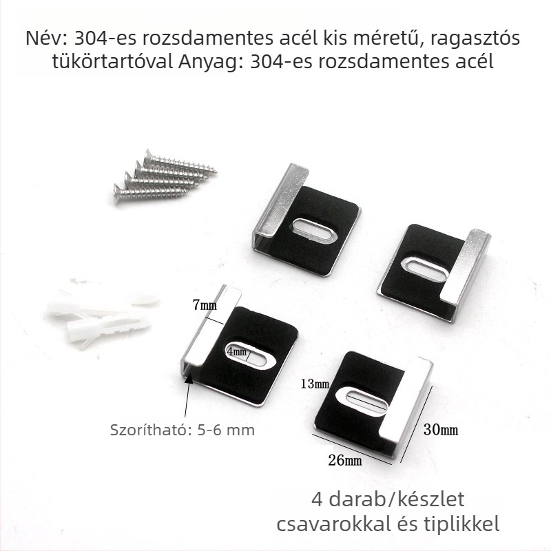Fürdőszobai tükröklipsz és tartó, négyszögletes üvegtükrökhöz, fém szerelvény